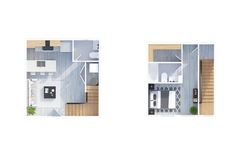 Two images of a house layout with a kitchen and living room.